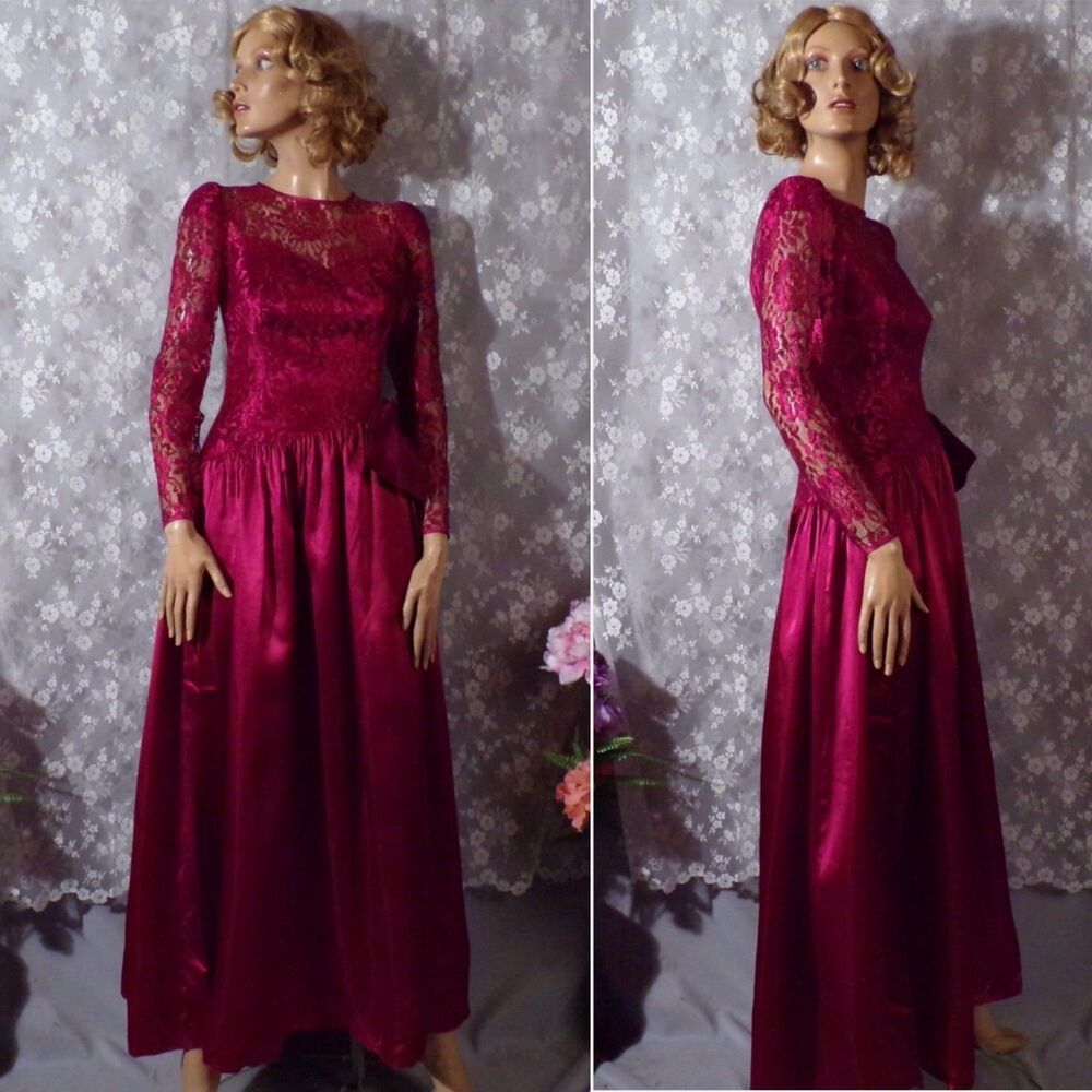 Vintage 80s Dark Red Lace Dress Size Small Dramatic Evening Long Sleeve Bow Gown